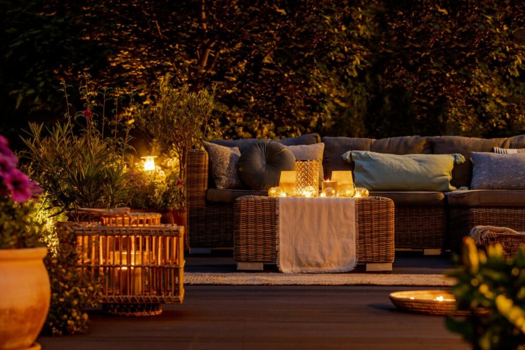 Trendy furniture, lights, lanterns and candles in the garden at night