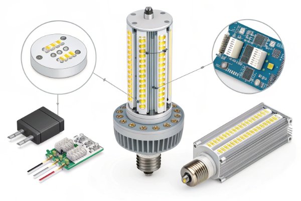 Close-up of an LED chip and a driver for a PL lamp